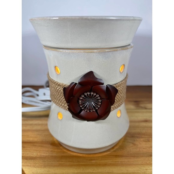 Scentsy Roselyn Full Size Wax Warmer Ivory Beige Tan w/ Burlap Band Metal Flower